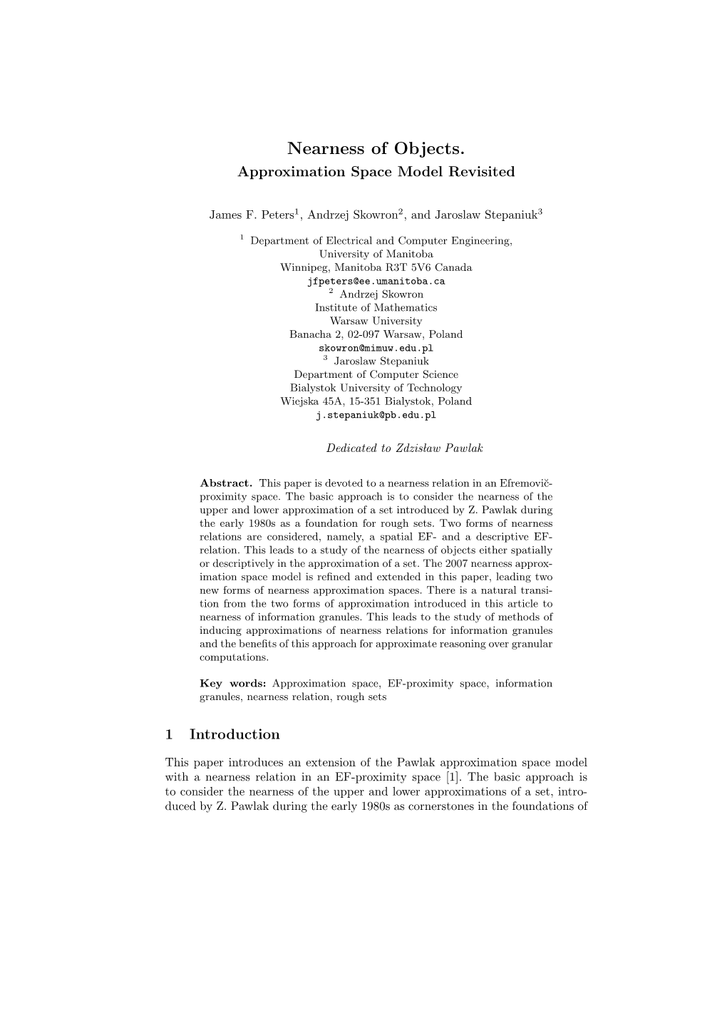 Nearness of Objects. Approximation Space Model Revisited