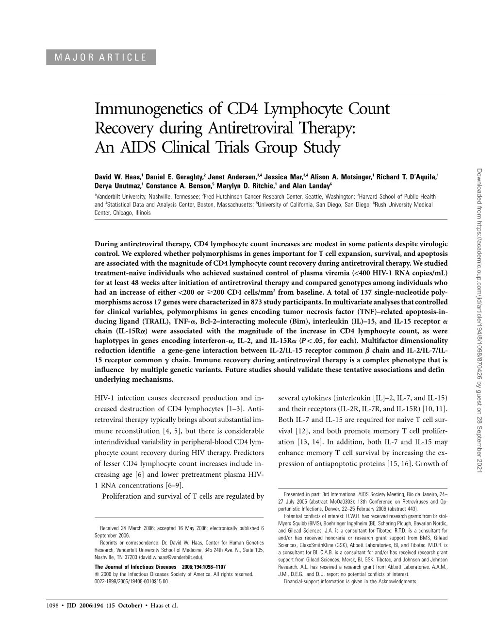 Immunogenetics of CD4 Lymphocyte Count