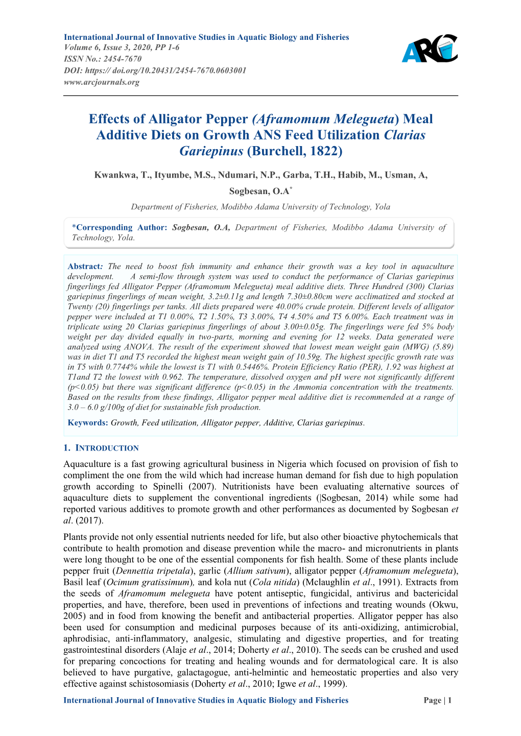 Aframomum Melegueta) Meal Additive Diets on Growth ANS Feed Utilization Clarias Gariepinus (Burchell, 1822)