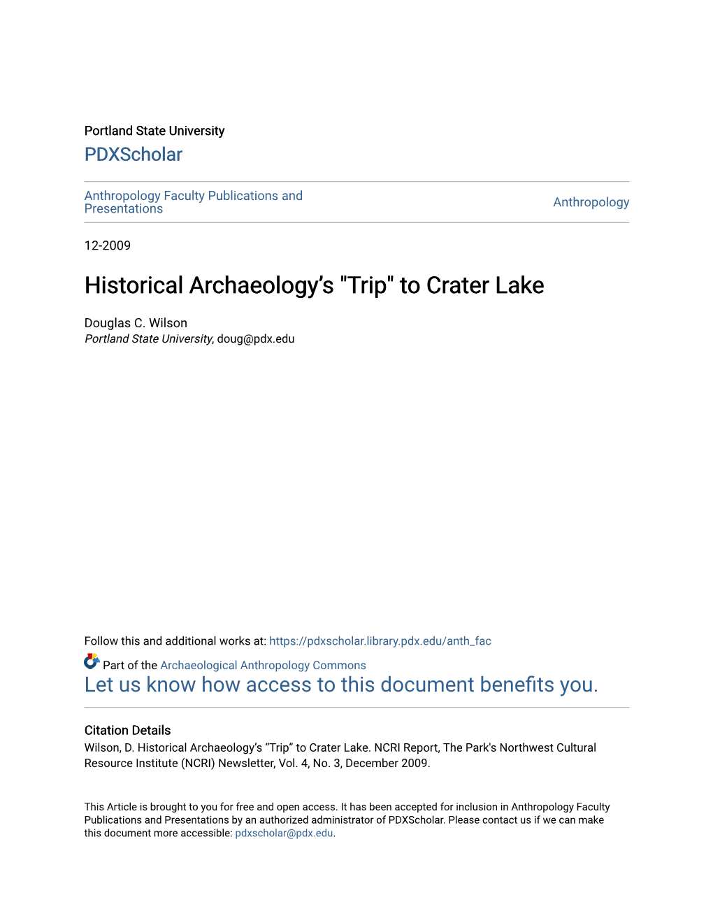 Historical Archaeology's "Trip" to Crater Lake