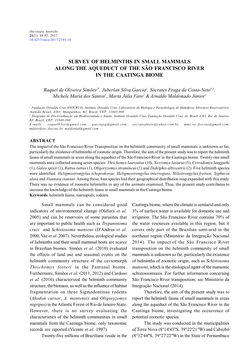 Survey of Helminths in Small Mammals Along the Aqueduct of the São Francisco River in the Caatinga Biome