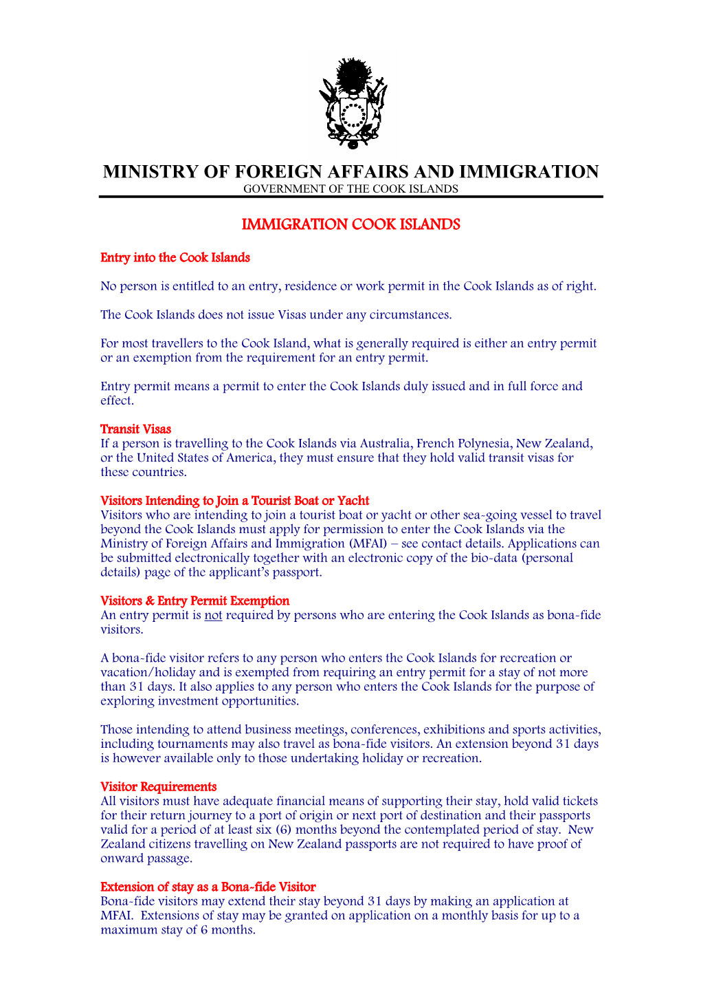 Ministry of Foreign Affairs and Immigration Government of the Cook Islands