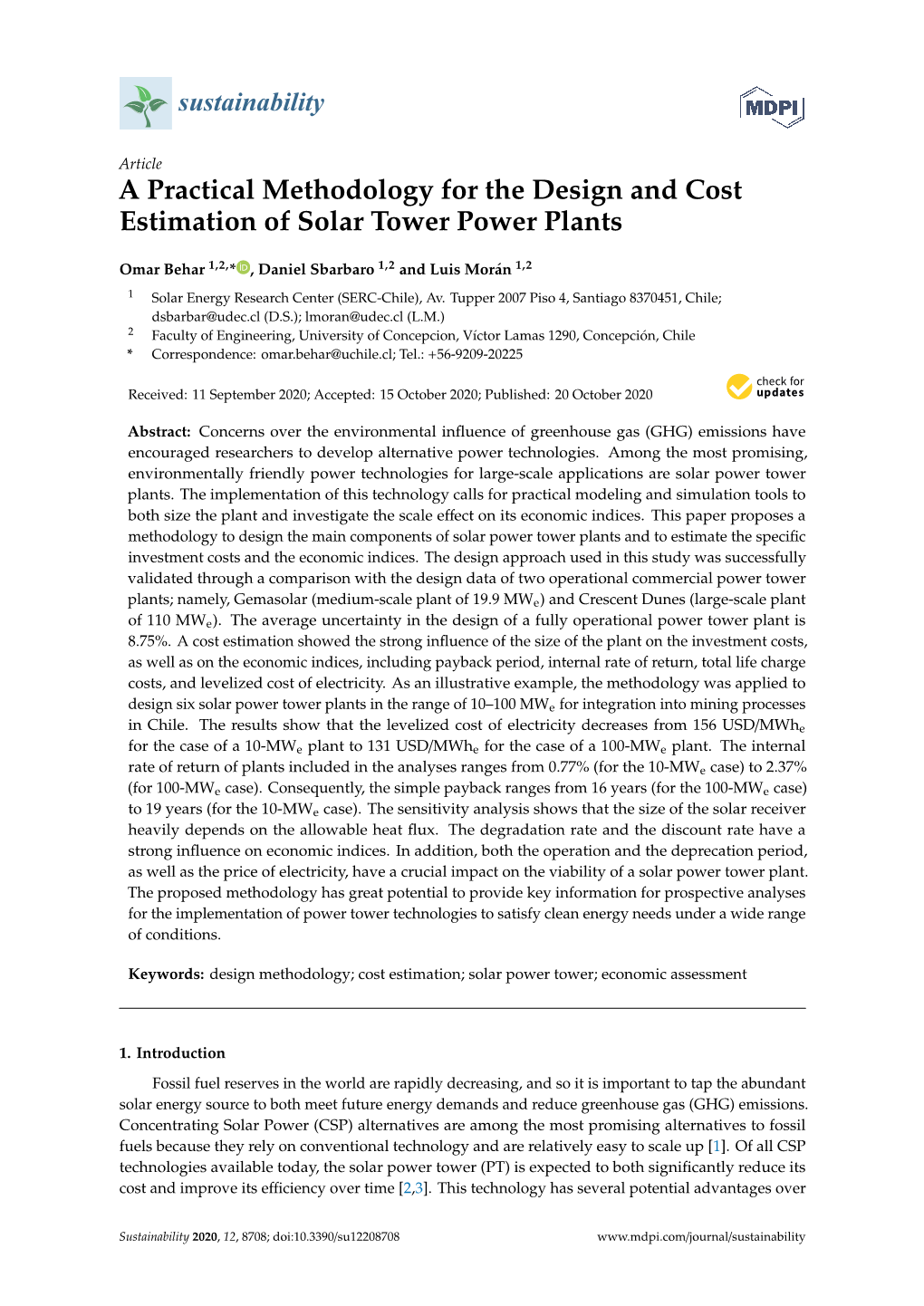 A Practical Methodology for the Design and Cost Estimation of Solar Tower Power Plants