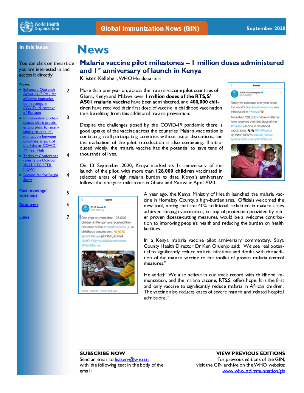 Global Immunization News (GIN) Malaria Vaccine Pilot Milestones