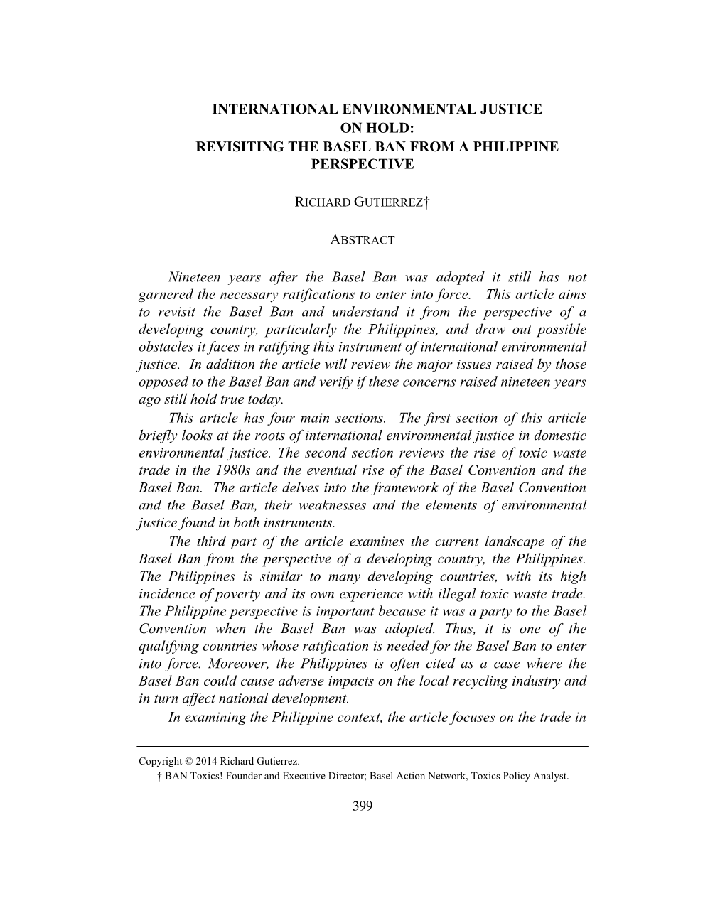 International Environmental Justice on Hold: Revisiting the Basel Ban from a Philippine Perspective