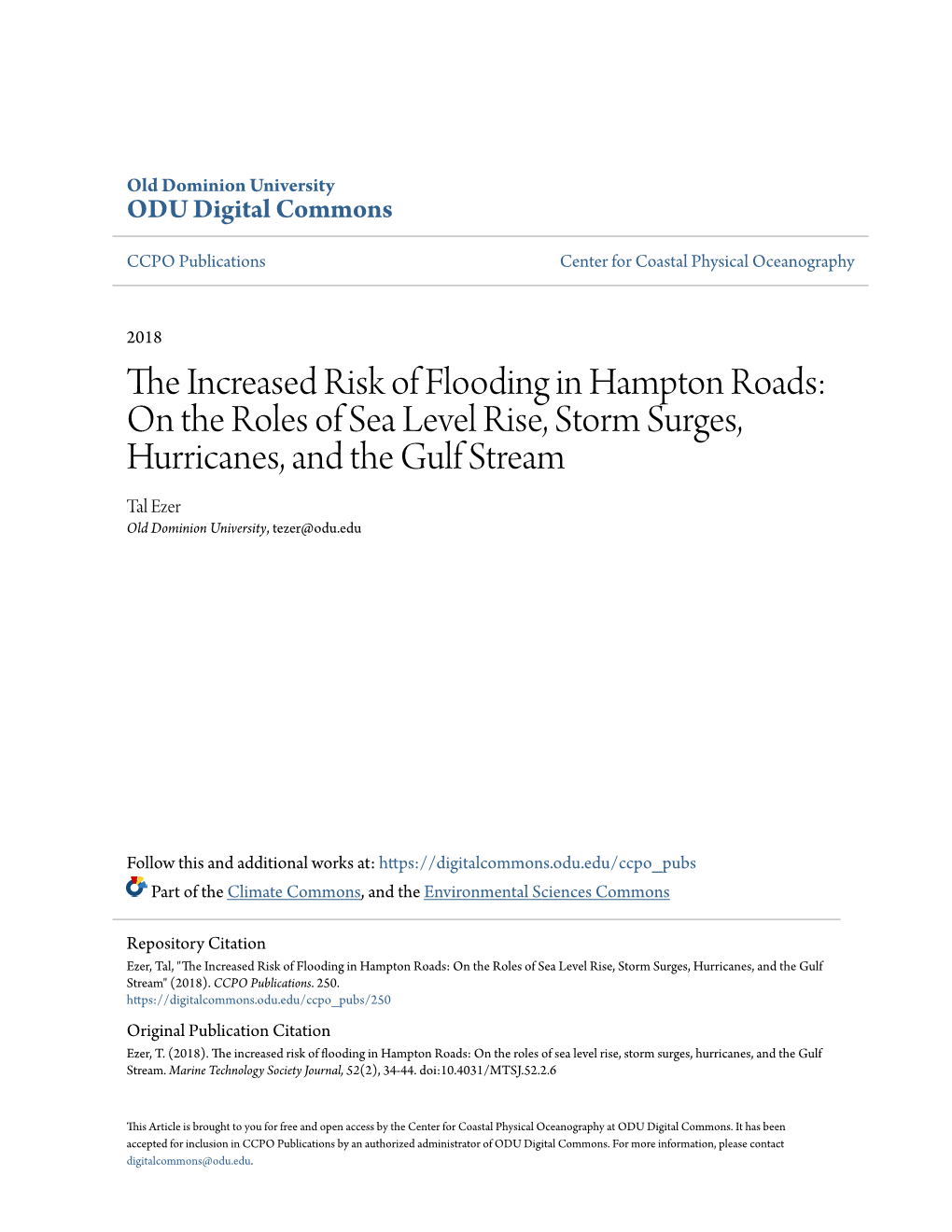 The Increased Risk of Flooding in Hampton Roads: on the Roles of Sea Level Rise, Storm Surges, Hurricanes, and the Gulf Stream