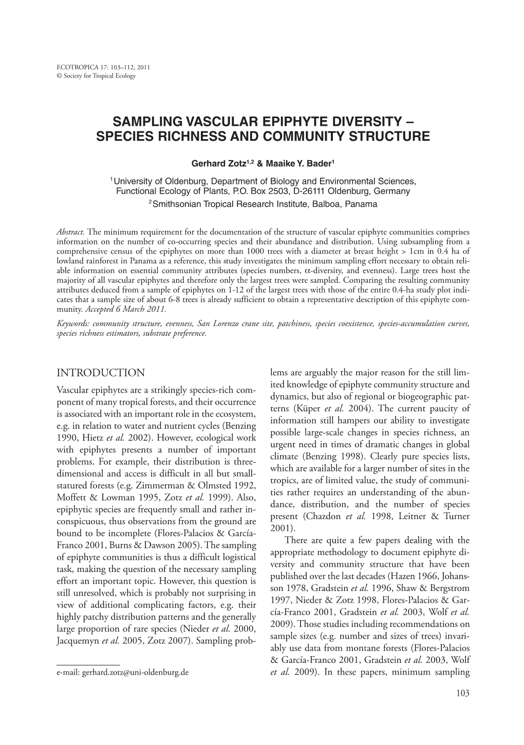 Sampling Vascular Epiphyte Diversity – Species Richness and Community Structure