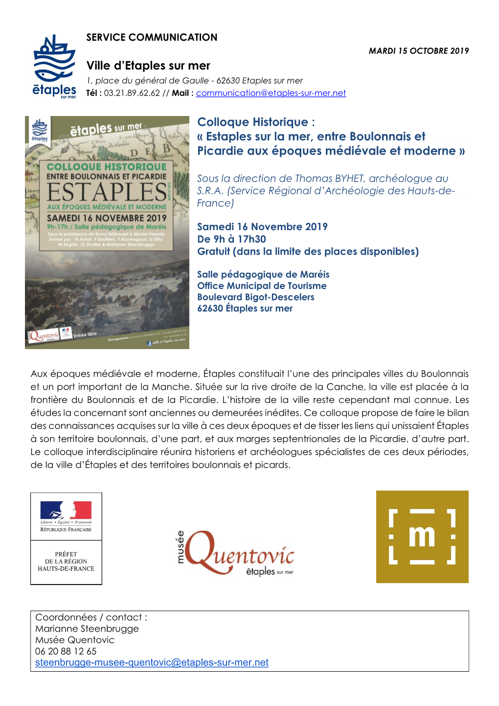 Ville D'etaples Sur Mer Colloque Historique : « Estaples Sur La Mer, Entre Boulonnais Et Picardie Aux Époques Médiévale Et