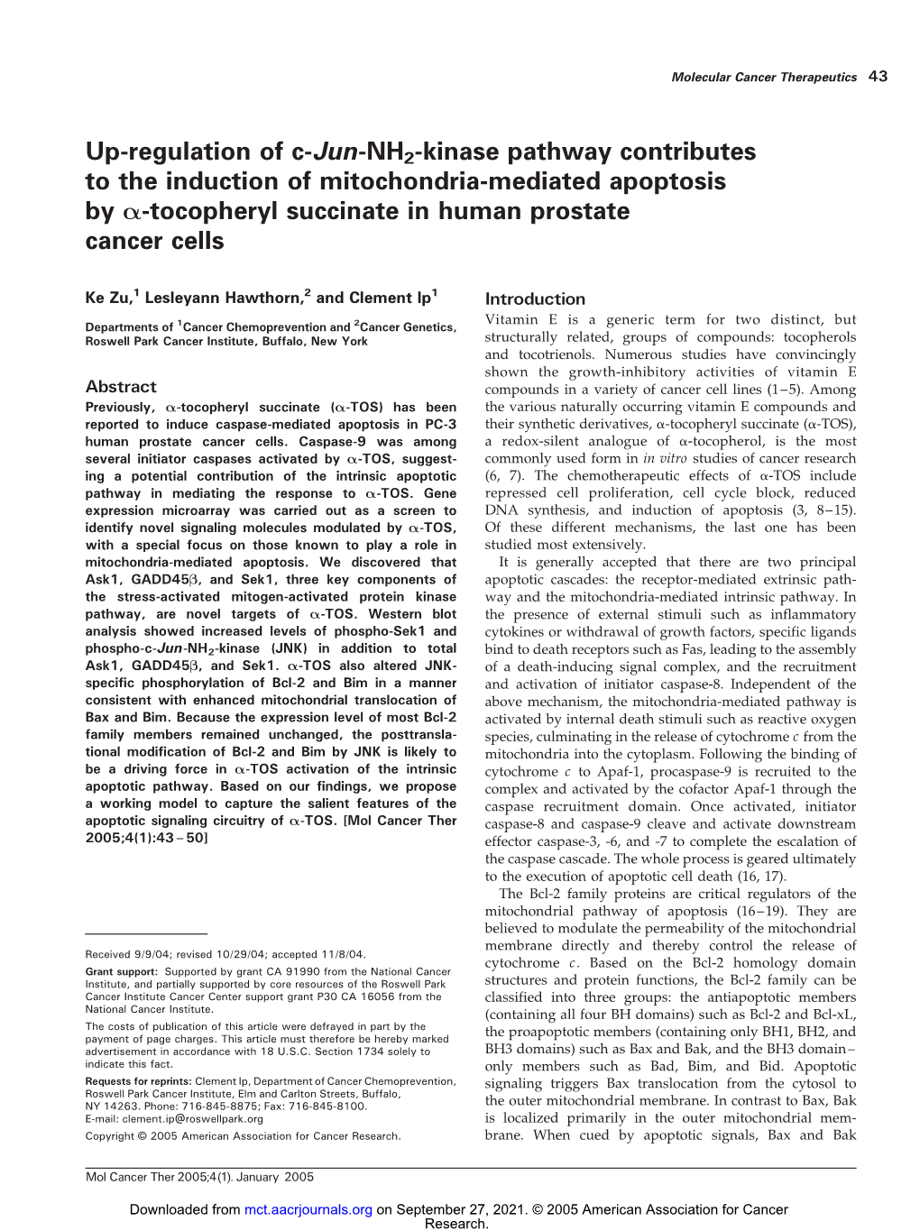 Up-Regulation of C-Jun-NH2-Kinase Pathway Contributes to the Induction of Mitochondria-Mediated Apoptosis by A-Tocopheryl Succinate in Human Prostate Cancer Cells