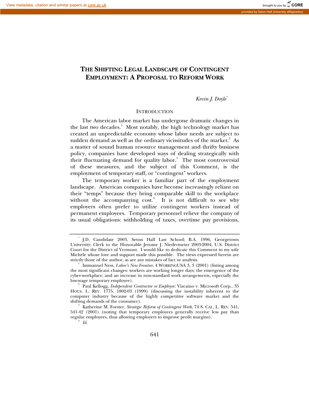 The Shifting Legal Landscape of Contingent Employment: a Proposal to Reform Work