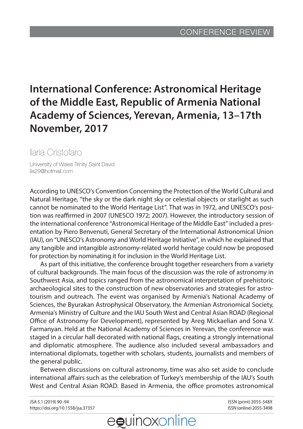 Astronomical Heritage of the Middle East, Republic of Armenia National Academy of Sciences, Yerevan, Armenia, 13–17Th November, 2017