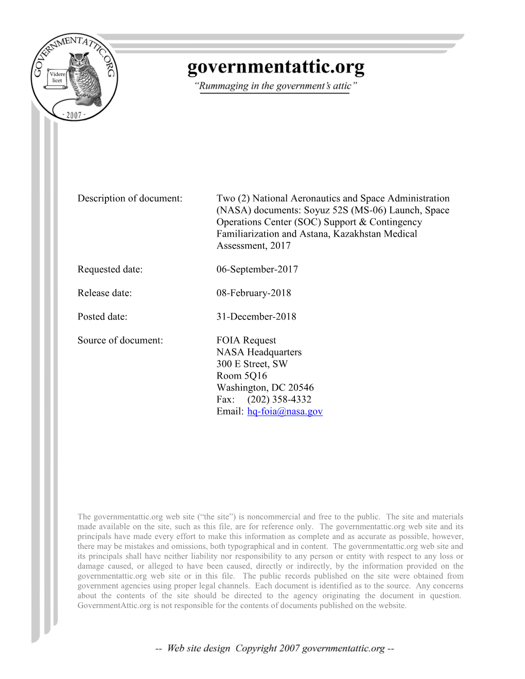 NASA) Documents: Soyuz 52S (MS-06) Launch, Space Operations Center (SOC) Support & Contingency Familiarization and Astana, Kazakhstan Medical Assessment, 2017