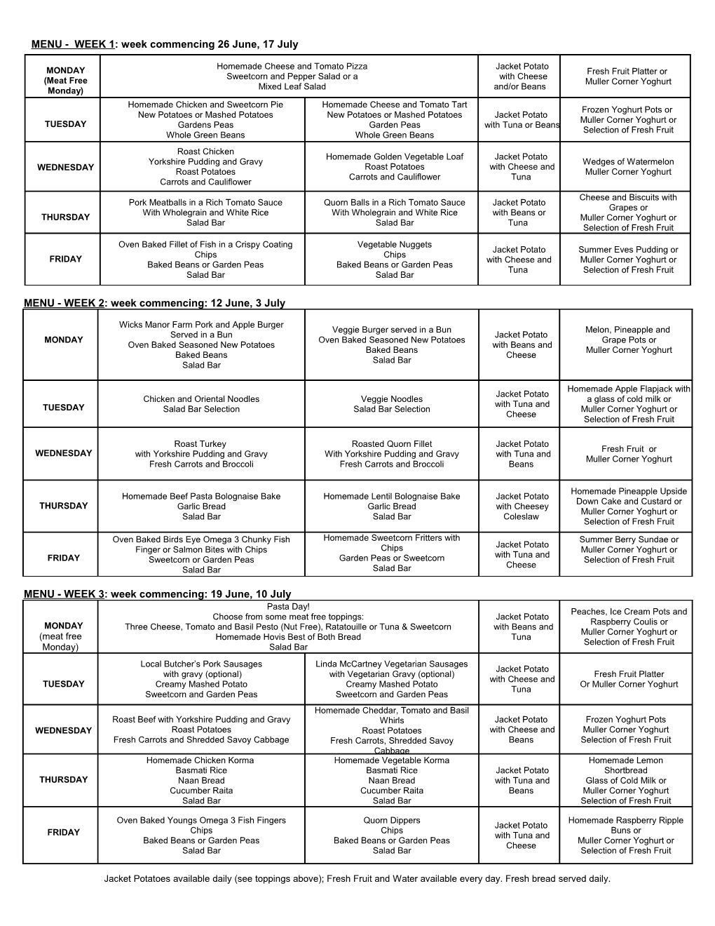 MENU - WEEK 2: Week Commencing: 12 June, 3 July