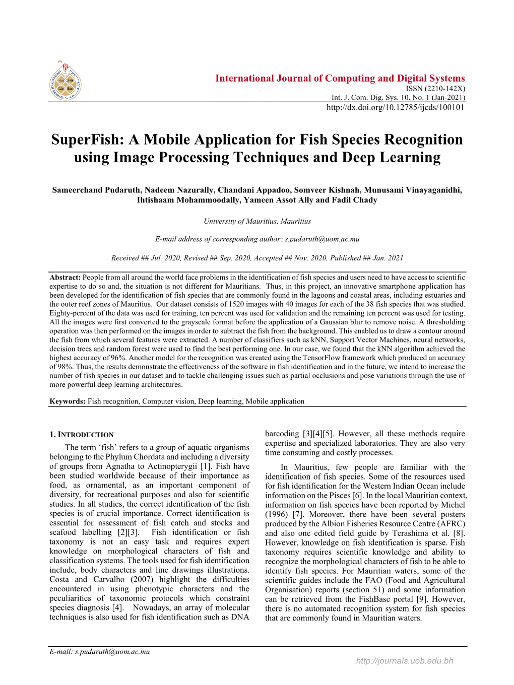 A Mobile Application for Fish Species Recognition Using Image Processing Techniques and Deep Learning