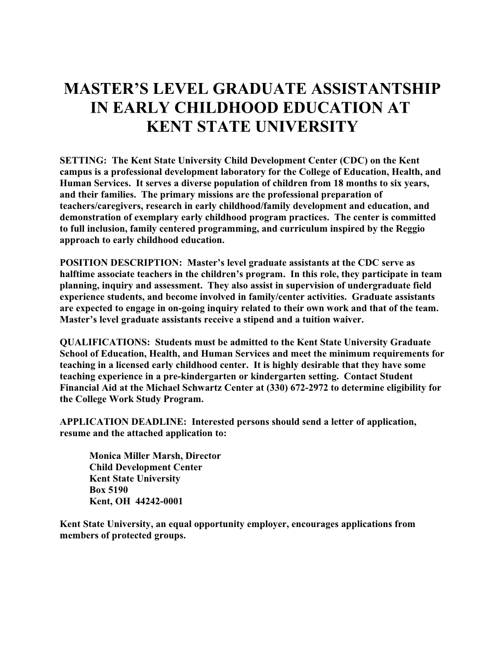 Master S Level Graduate Assistantship in Early Childhood Education At