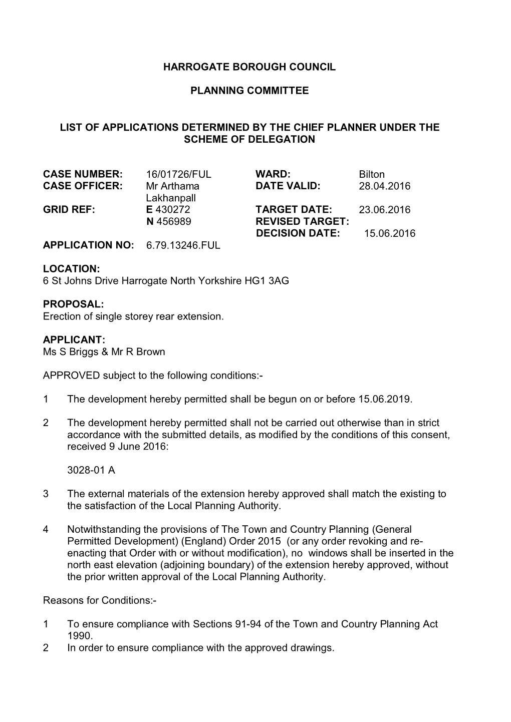 Harrogate Borough Council Planning Committee List of Applications Determined by the Chief Planner Under the Scheme of Delegation