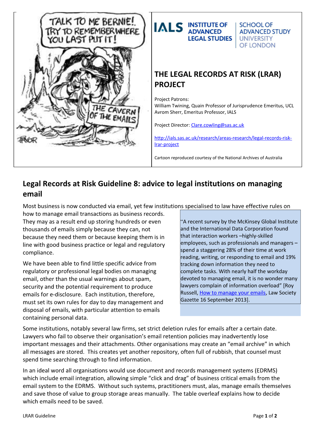 Legal Records at Risk Guideline 8: Advice to Legal Institutions on Managing Email