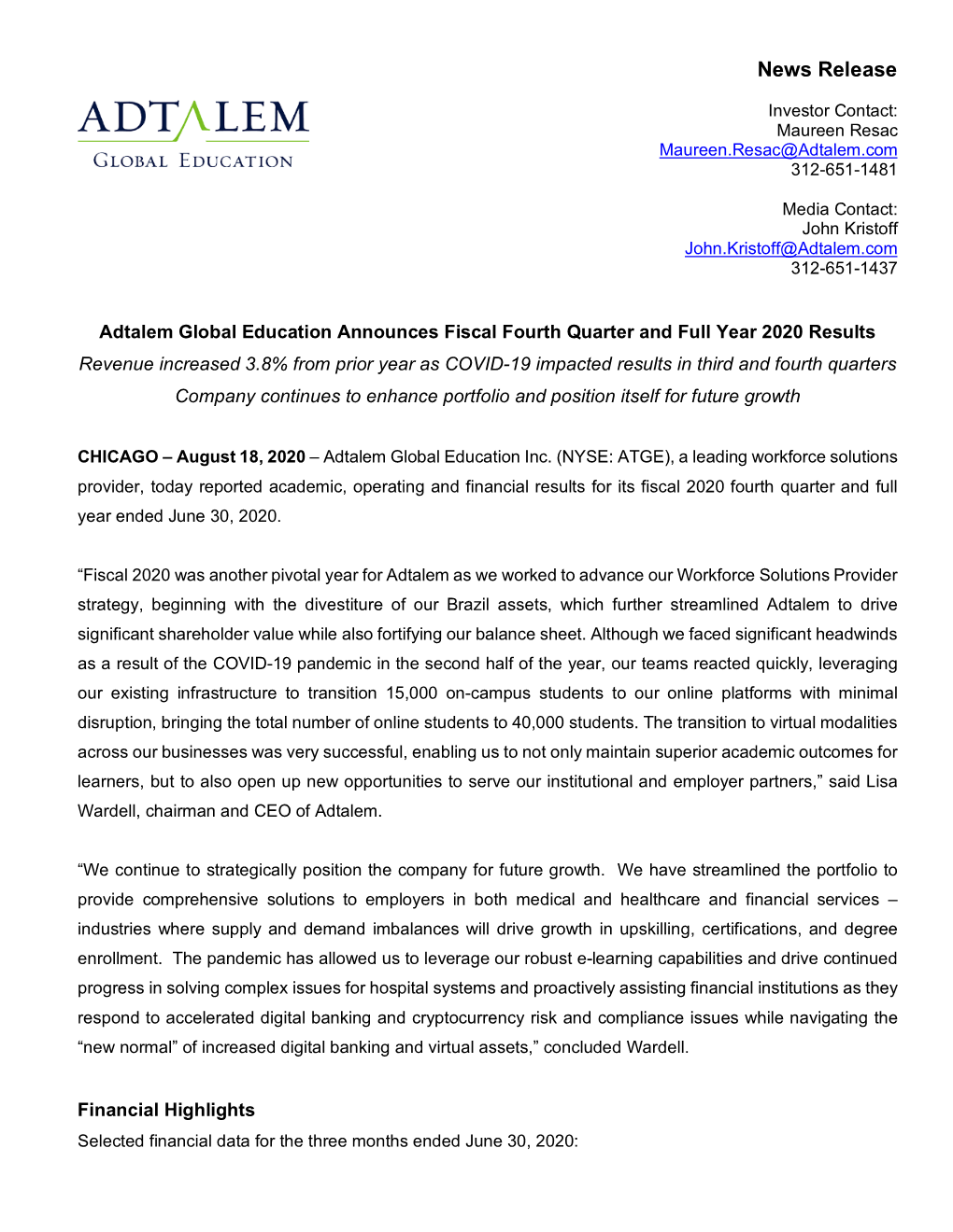 Adtalem Global Education Earnings Release