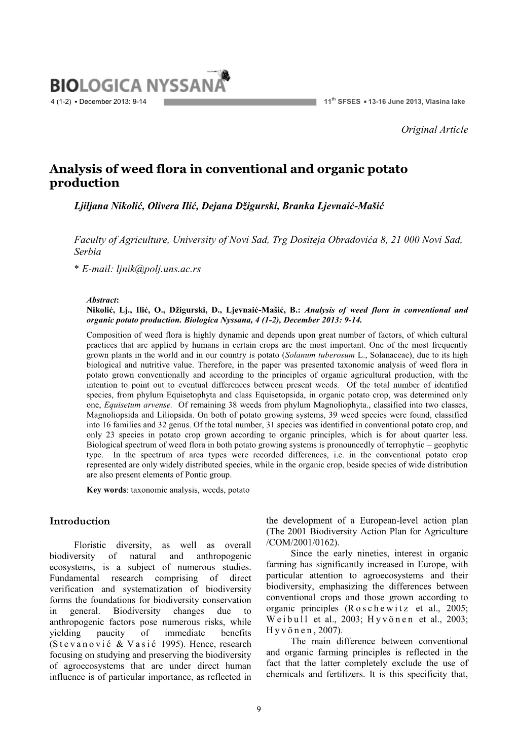 Analysis of Weed Flora in Conventional and Organic Potato Production