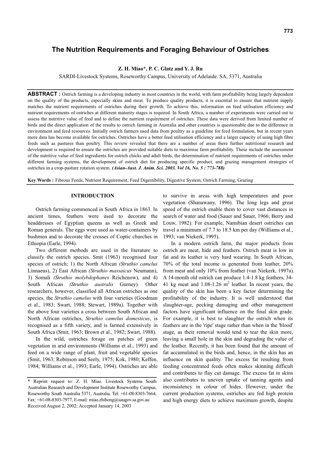 The Nutrition Requirements and Foraging Behaviour of Ostriches