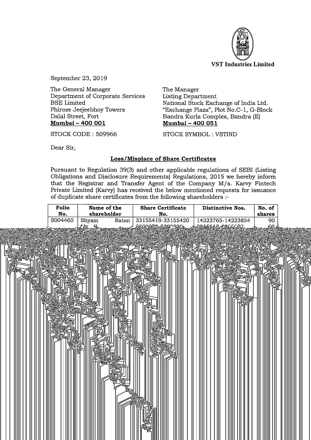 September 23,2019 the General Manager Department of Corporate Services BSE Limited Phiroze Jeejeebhoy Towers Dalal Street, Fort