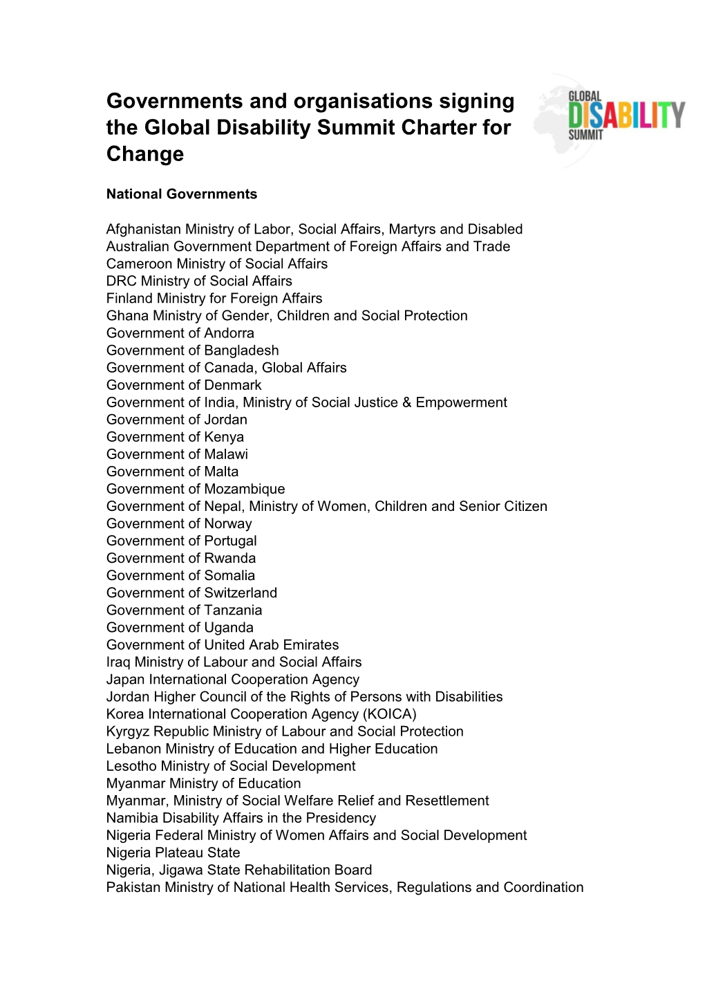 Governments and Organisations Signing the Global Disability Summit Charter For