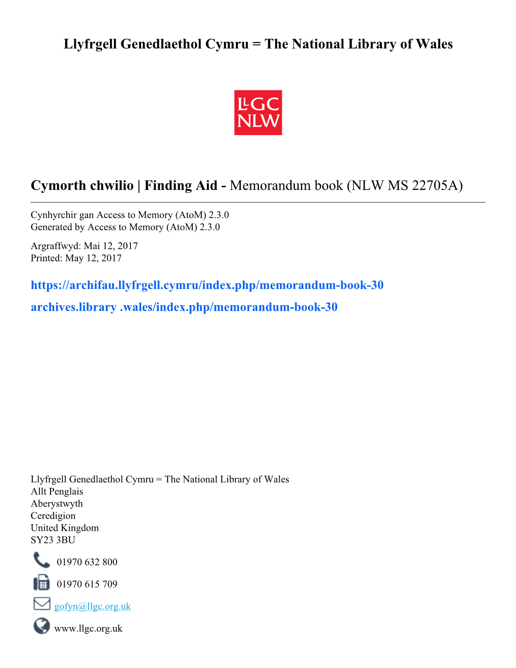 Memorandum Book (NLW MS 22705A)
