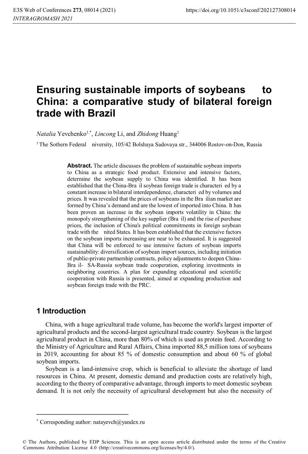 Ensuring Sustainable Imports of Soybeans to China: a Comparative Study of Bilateral Foreign Trade with Brazil