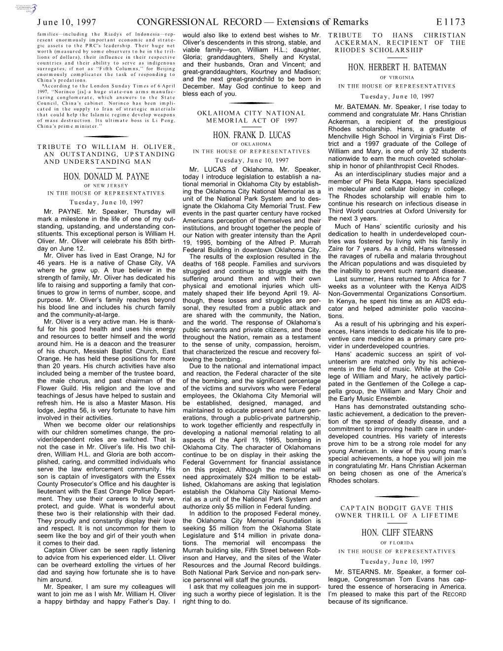 Extensions of Remarks E1173 HON. DONALD M. PAYNE HON. FRANK D. LUCAS HON. HERBERT H. BATEMAN HON. CLIFF