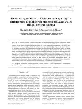 Evaluating Stability in Ziziphus Celata, a Highly Endangered Clonal Shrub Endemic to Lake Wales Ridge, Central Florida
