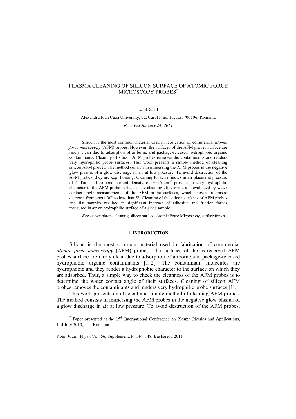 Plasma Cleaning of Silicon Surface of Atomic Force Microscopy Probes*