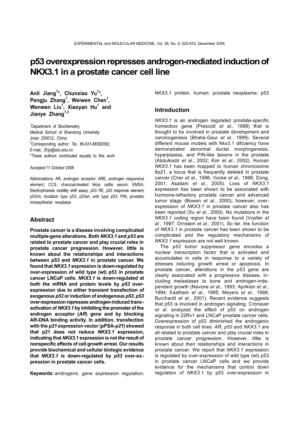 P53 Overexpression Represses Androgen-Mediated Induction of NKX3.1 in a Prostate Cancer Cell Line