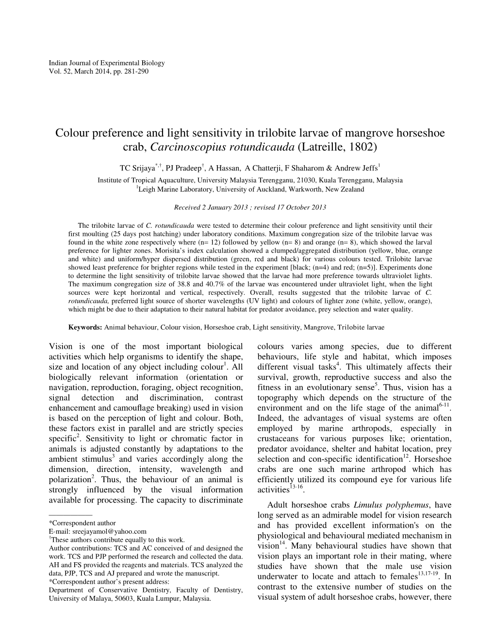 Colour Preference and Light Sensitivity in Trilobite Larvae of Mangrove Horseshoe Crab, Carcinoscopius Rotundicauda (Latreille, 1802)