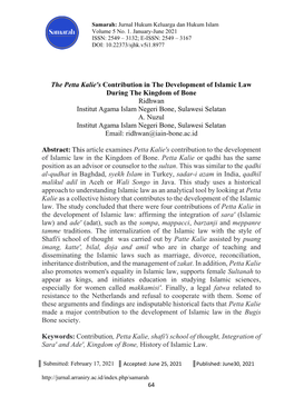 The Petta Kalie's Contribution in the Development of Islamic Law During the Kingdom of Bone Ridhwan Institut Agama Islam Negeri Bone, Sulawesi Selatan A