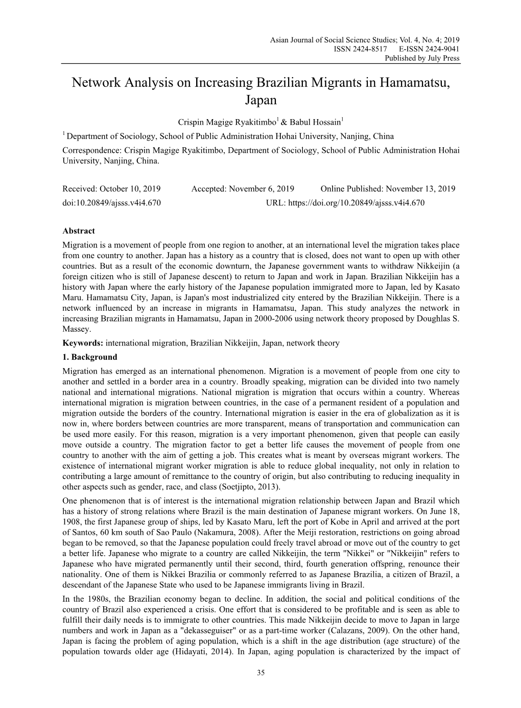 Network Analysis on Increasing Brazilian Migrants in Hamamatsu, Japan