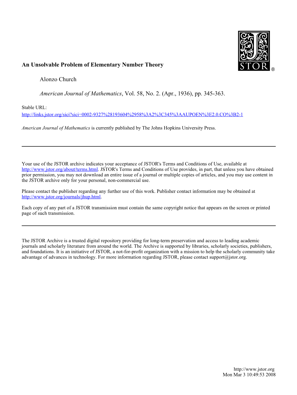 An Unsolvable Problem of Elementary Number Theory Alonzo Church