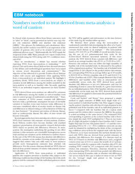 EBM Notebook Numbers Needed to Treat Derived from Meta-Analysis: a Word of Caution
