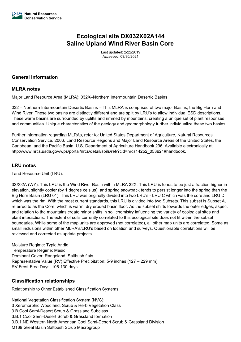 Ecological Site DX032X02A144 Saline Upland Wind River Basin Core