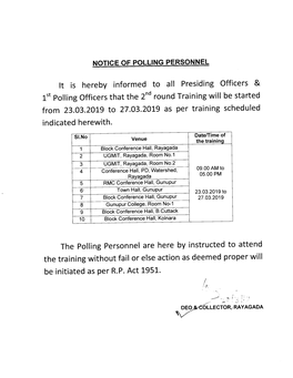 1" Polling Officers That the 2Nd Round Training Will Be Started from 23.03.2019 to 27.03.20L9 As Per Training Scheduled Indicated Herewith