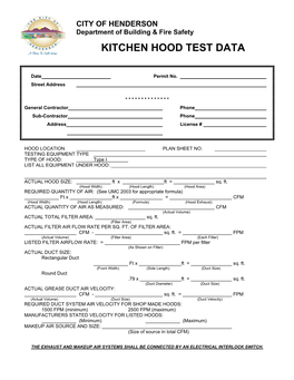 Kitchen Hood Test Data Form