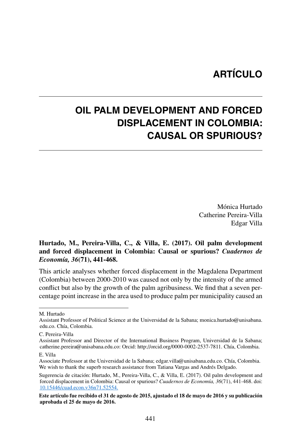 Oil Palm Development and Forced Displacement in Colombia: Causal Or Spurious?