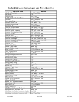 Garland ISD Menu Item Allergen List - November 2015
