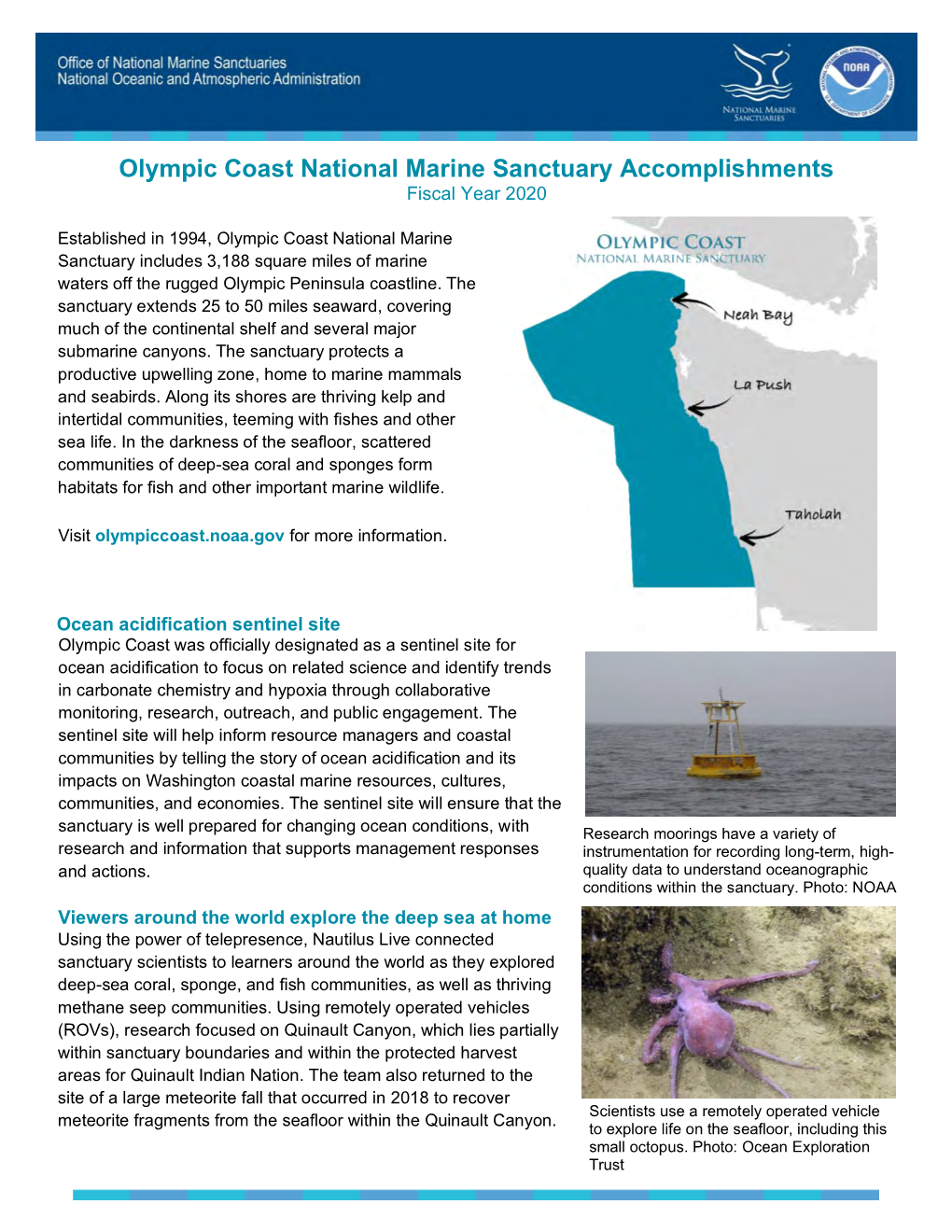 Olympic Coast National Marine Sanctuary Accomplishments Fiscal Year 2020
