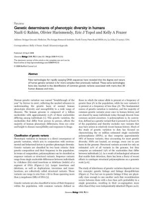 Genetic Determinants of Phenotypic Diversity in Humans Nazli G Rahim, Olivier Harismendy, Eric J Topol and Kelly a Frazer