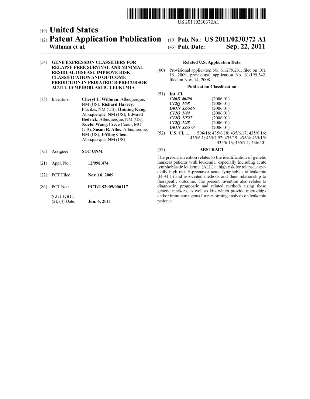 (12) Patent Application Publication (10) Pub. No.: US 2011/0230372 A1 Willman Et Al