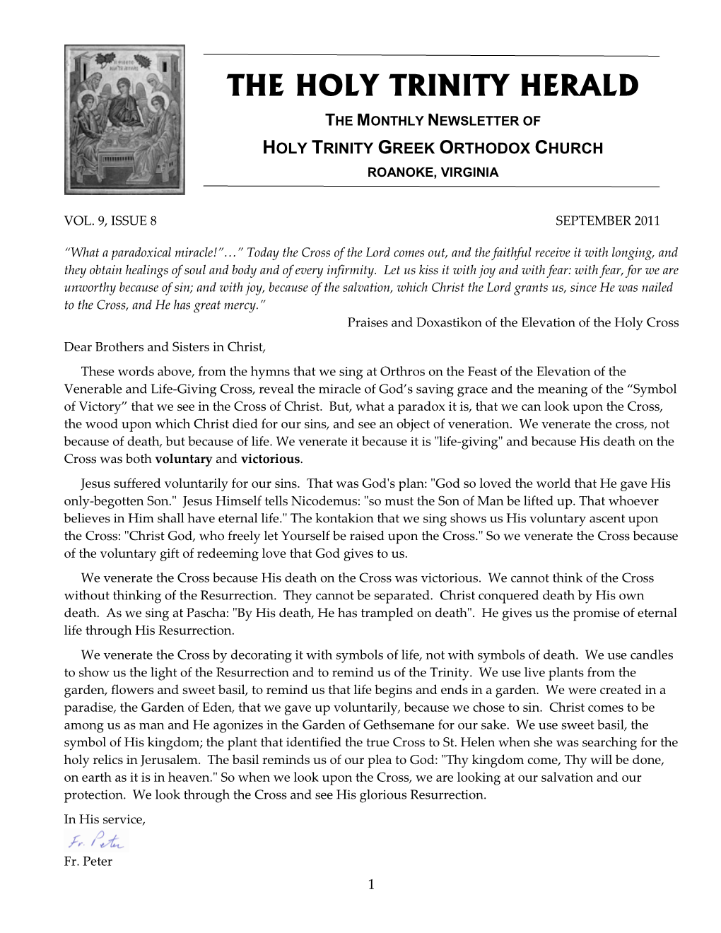 The Holy Trinity Herald the Monthly Newsletter of Holy Trinity Greek Orthodox Church Roanoke, Virginia