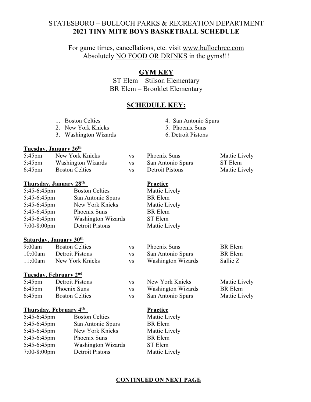 Tiny Mite Boys Basketball Schedule