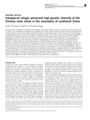 Interglacial Refugia Preserved High Genetic Diversity of the Chinese Mole Shrew in the Mountains of Southwest China