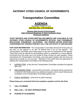 Transportation Committee Agenda; And
