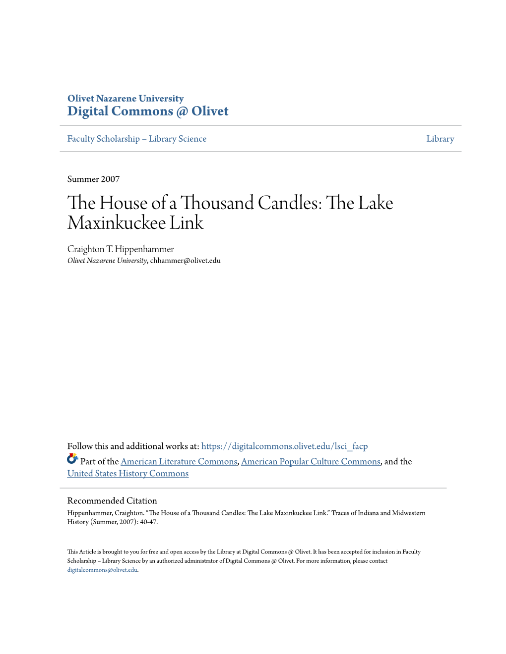 The House of a Thousand Candles: the Lake Maxinkuckee Link